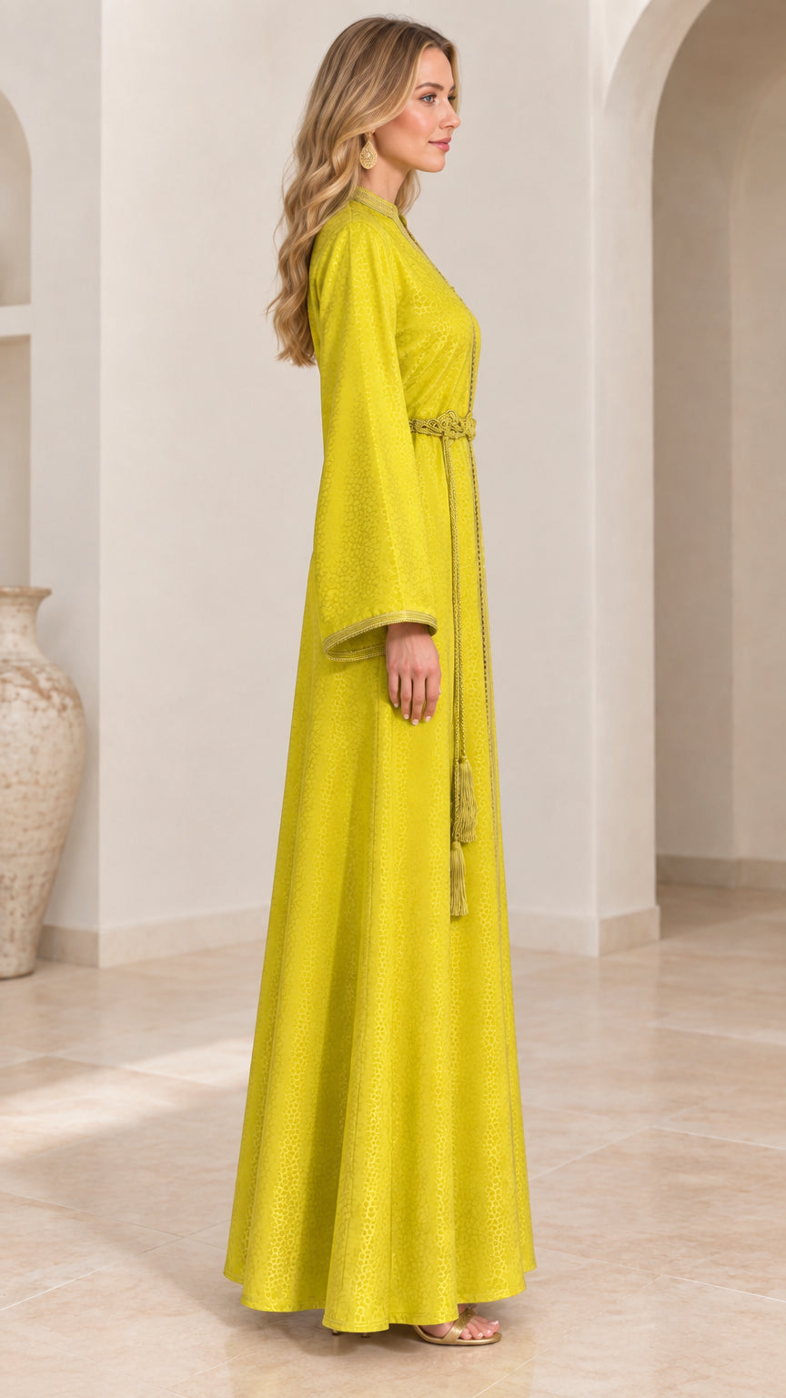 Side full view of Lime Green long sleeve Moroccan kaftan dress showing elegant drape