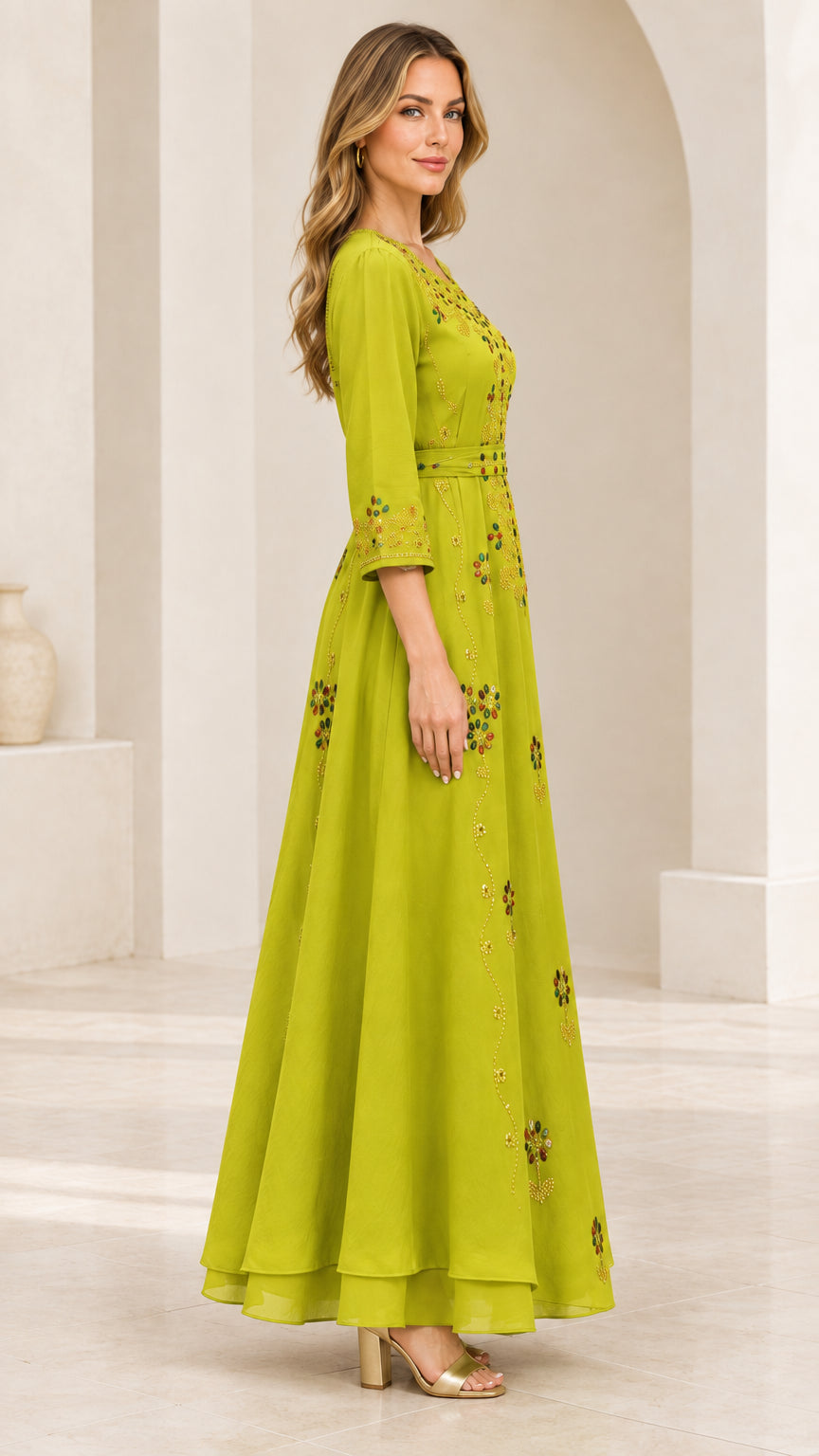Side full-length view of woman in Lime Green 3/4 sleeve beaded evening gown