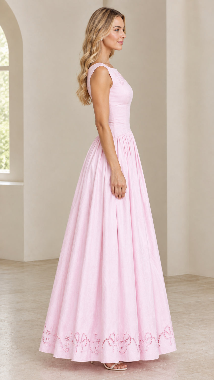 Side profile view of Light Pink A-line maxi gown
