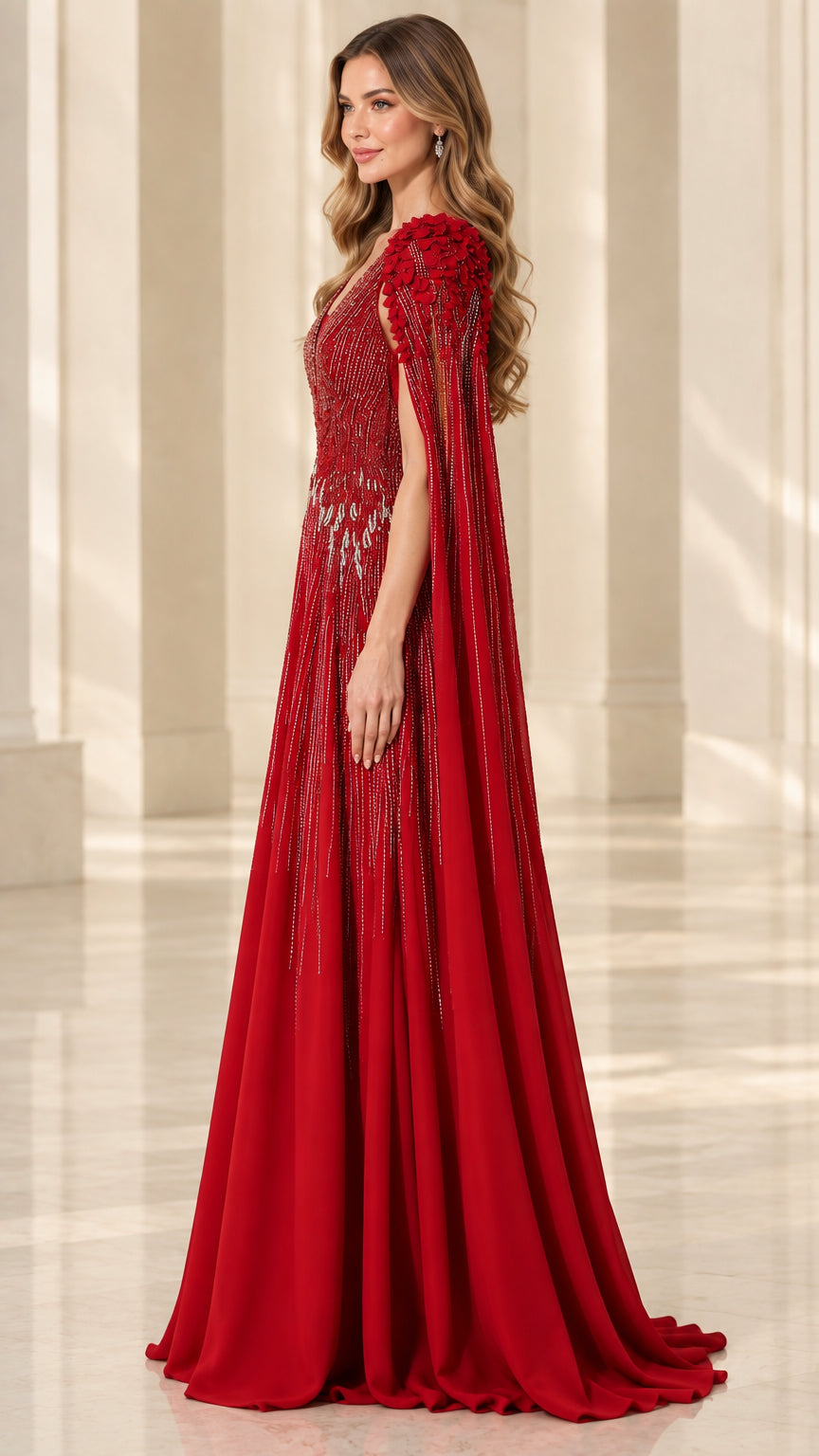 Side profile of red formal cape sleeve gown showing elegant drape and silhouette