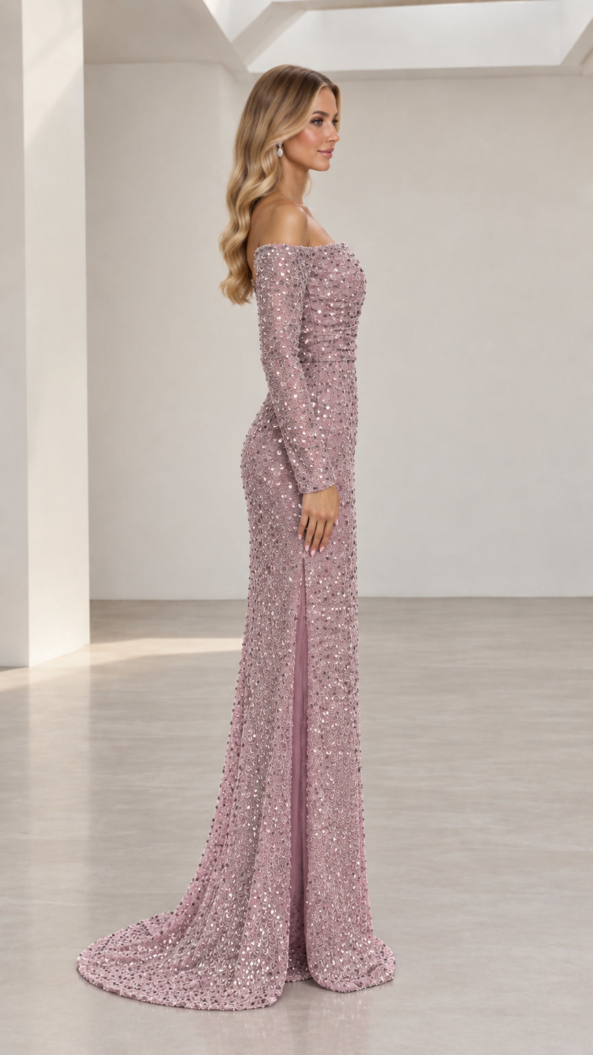 Side profile of woman in dusty mauve sequin floor-length formal gown with train
