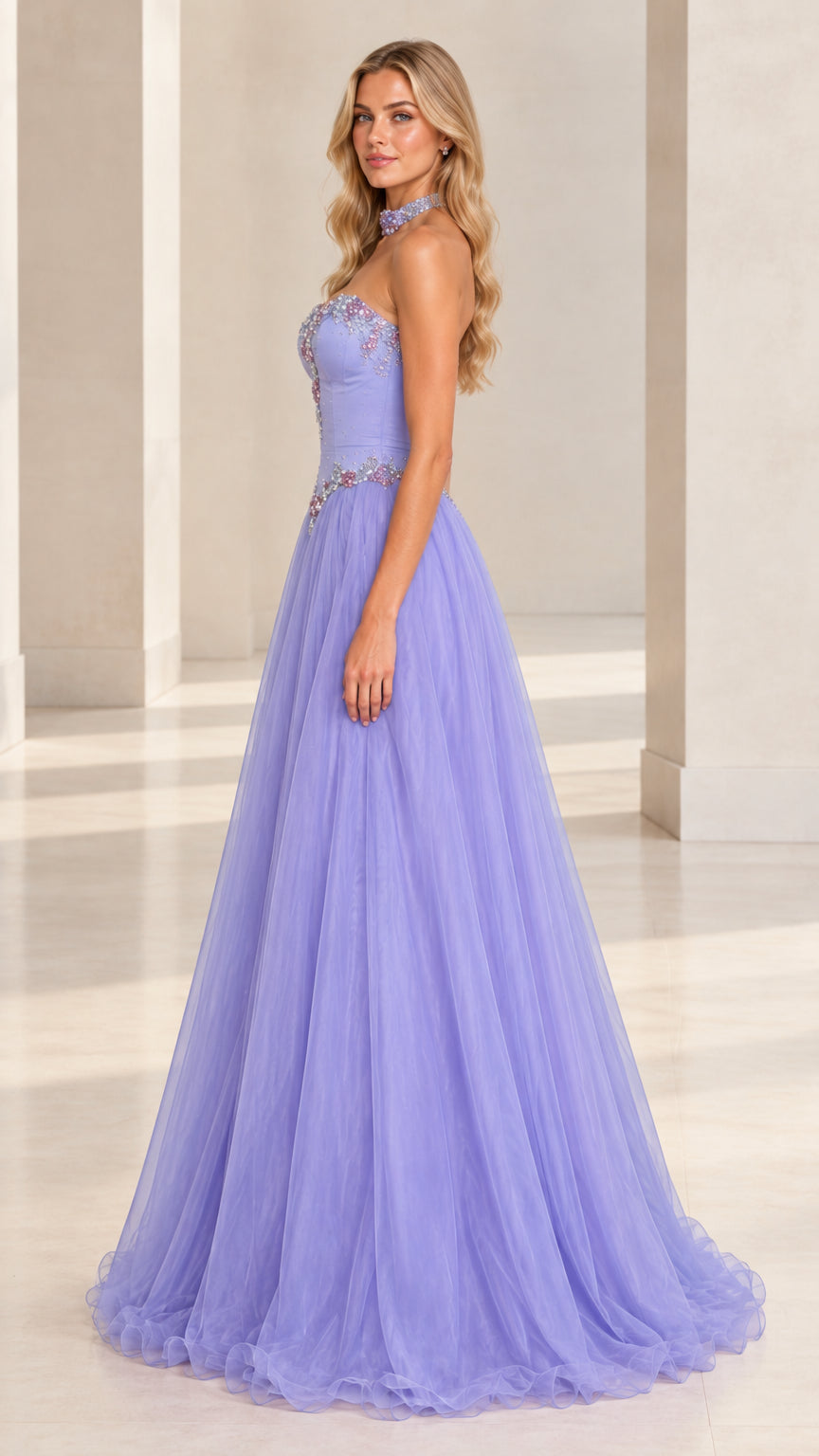Side profile of lavender sweetheart tulle prom gown with crystal beaded bodice