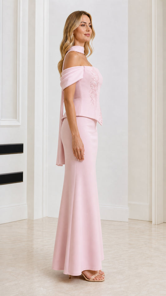 Side view of Blush Pink choker neck maxi evening dress