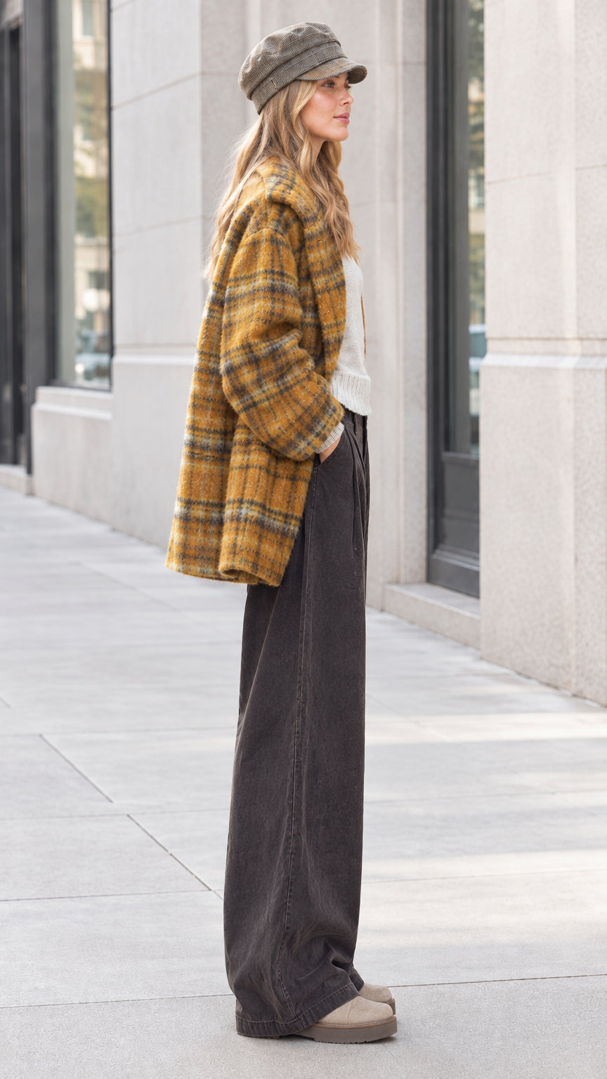 Side view of model in mustard yellow plaid button-down lapel coat