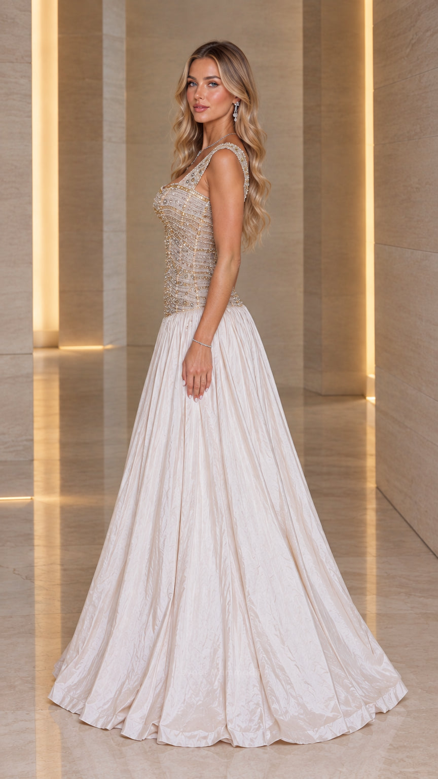 Side profile view of model in Champagne beaded bodice formal evening gown