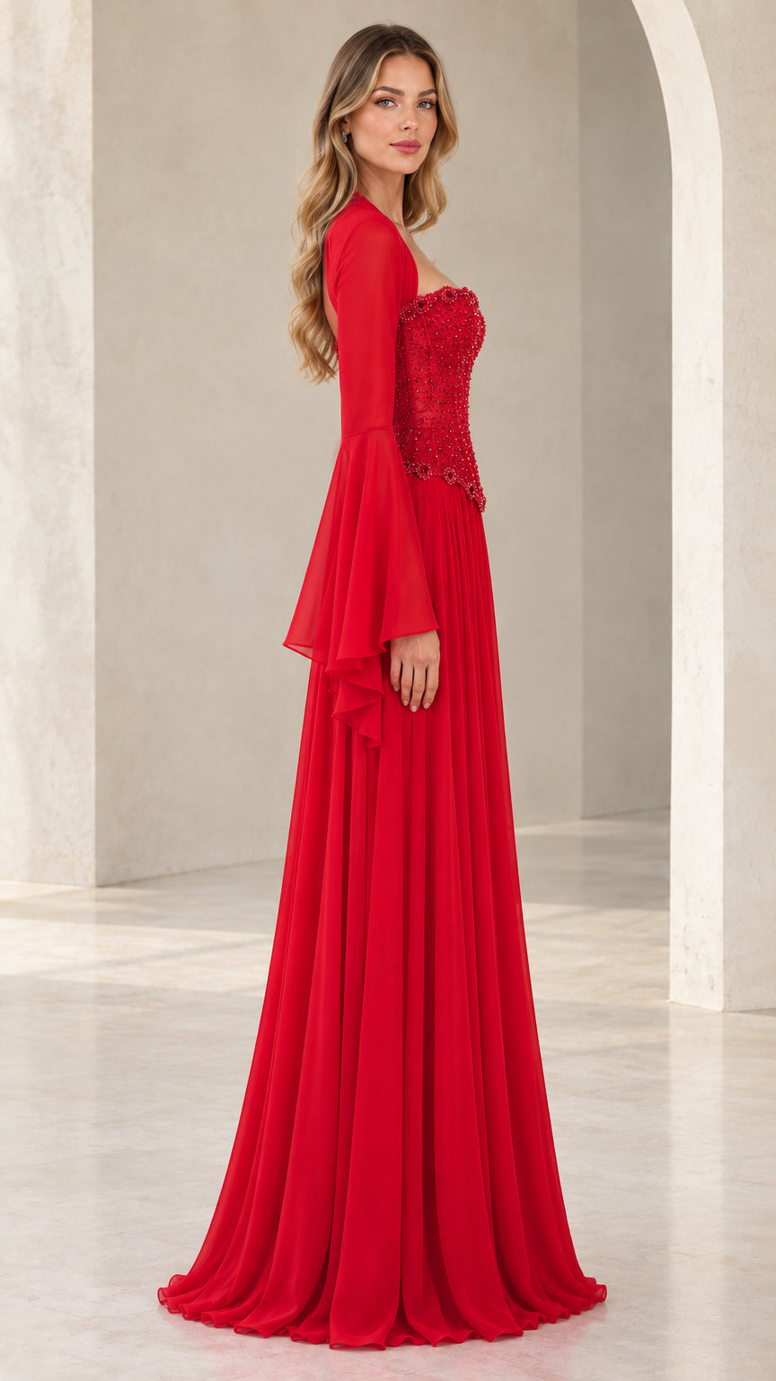 Red bell sleeve formal gown side profile view