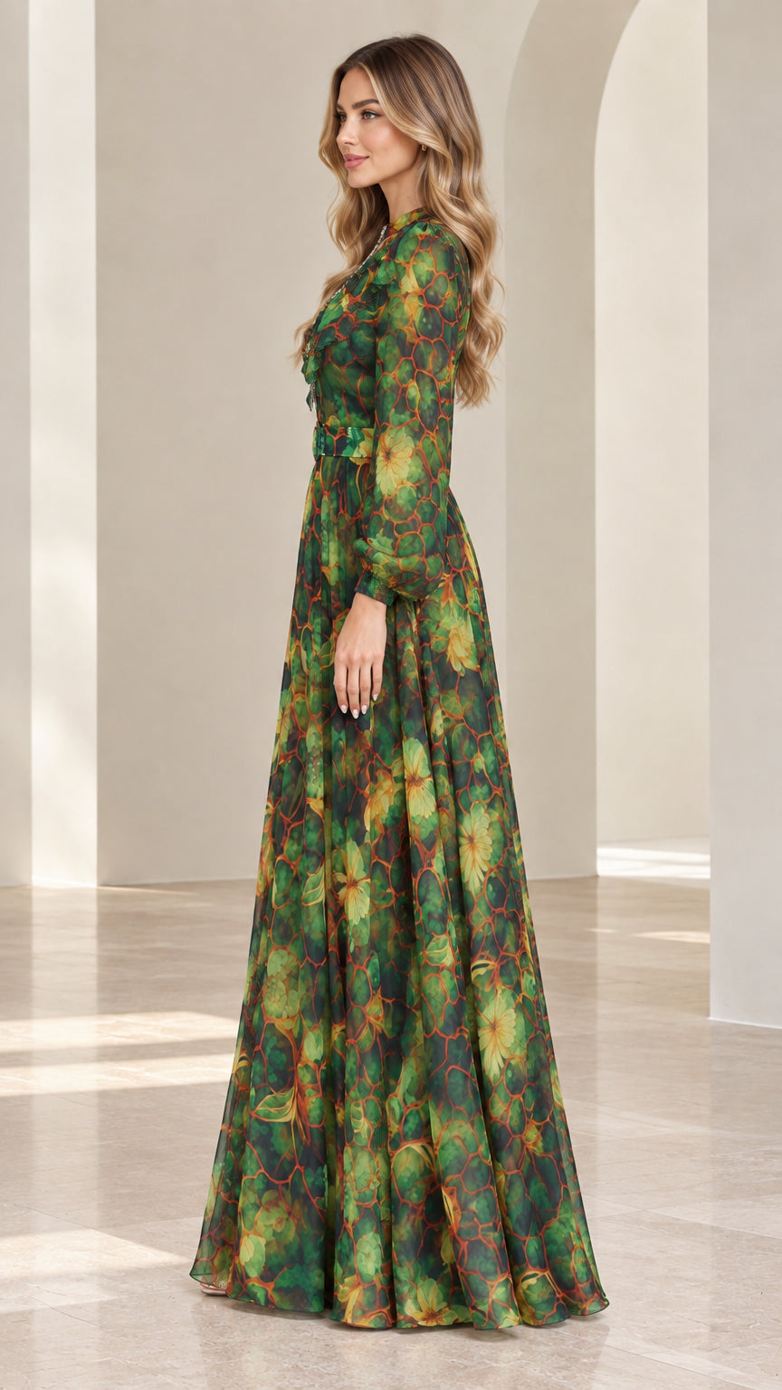 Side view of model in Emerald Green floral long sleeve evening gown