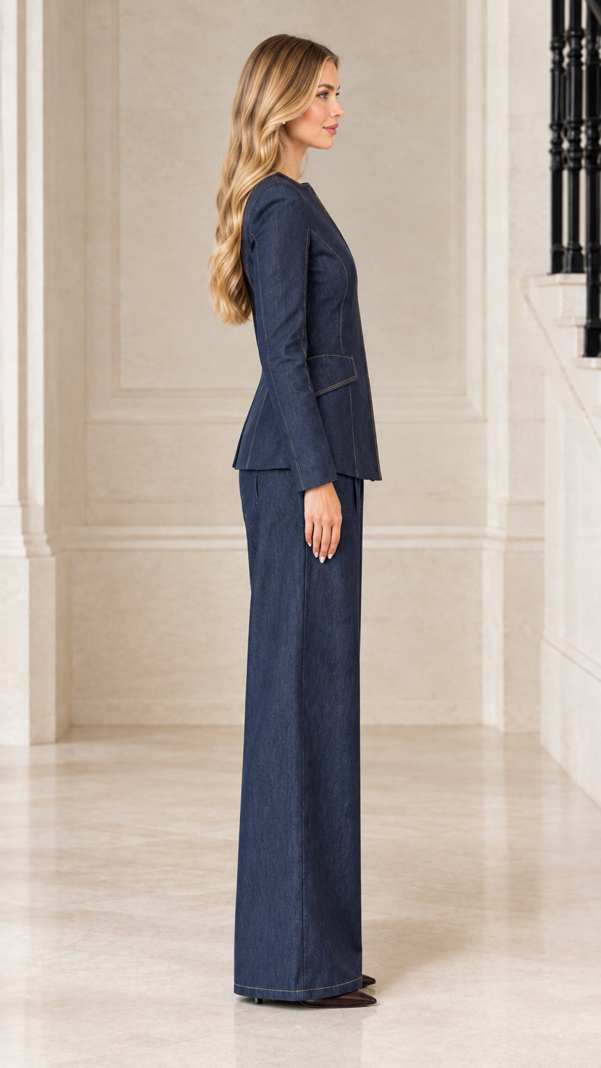 Side profile of model wearing Navy Blue tailored pant suit set