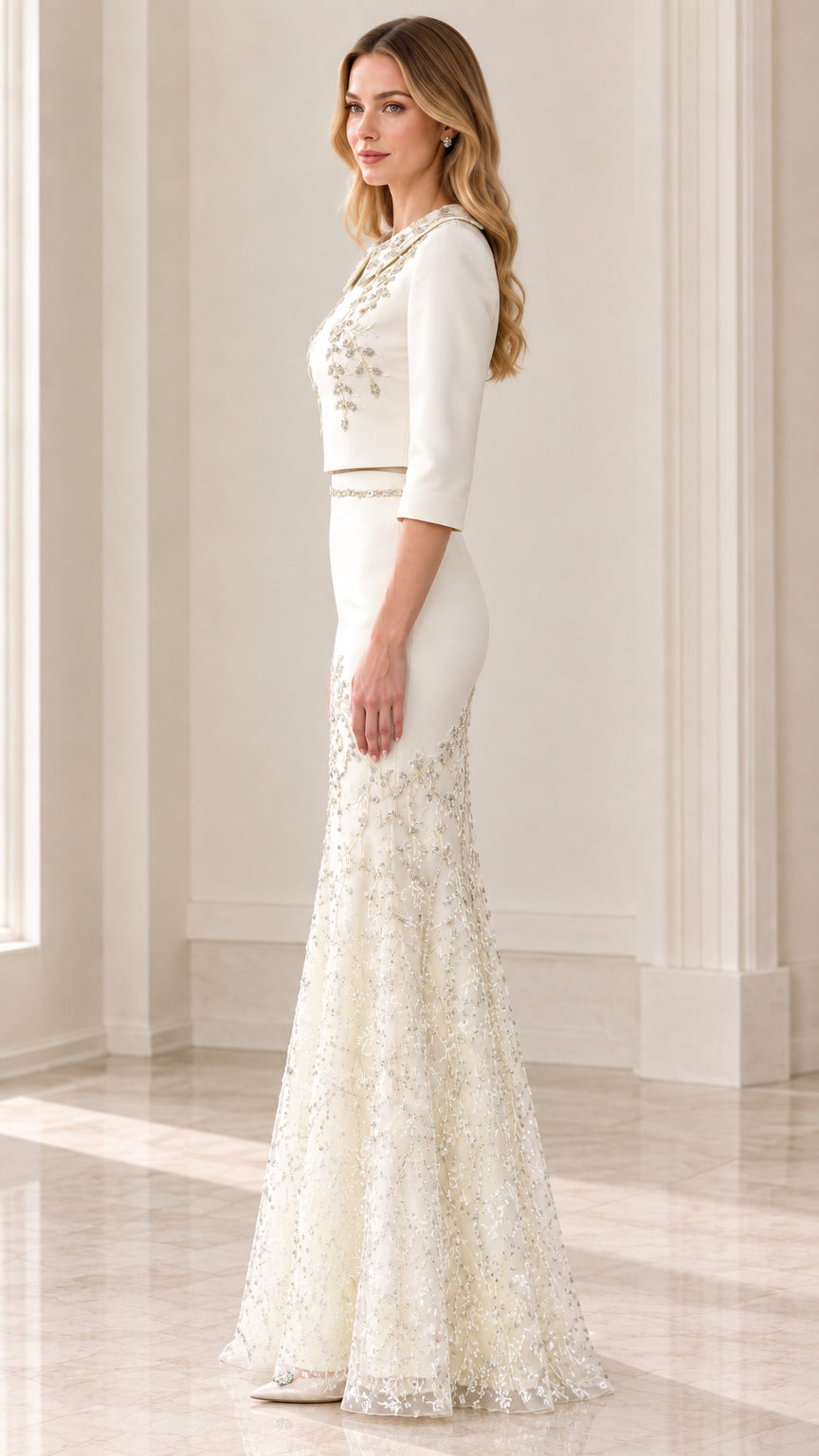 Side profile of model wearing Ivory formal mermaid dress with embroidered flare skirt