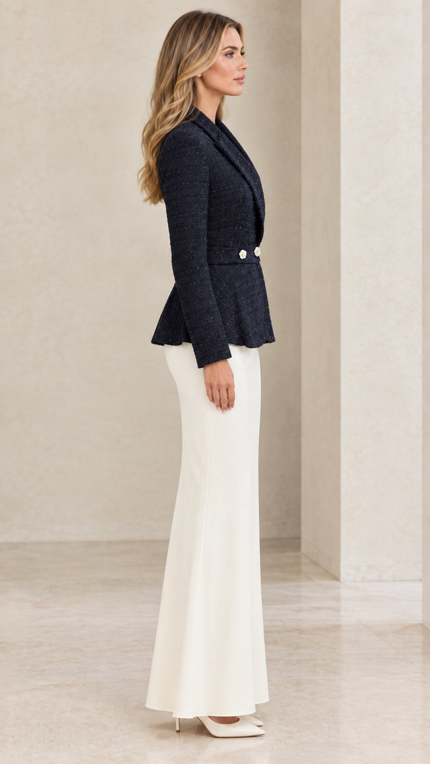 Side profile view of Navy Blue tweed peplum blazer showing tailored waist fit