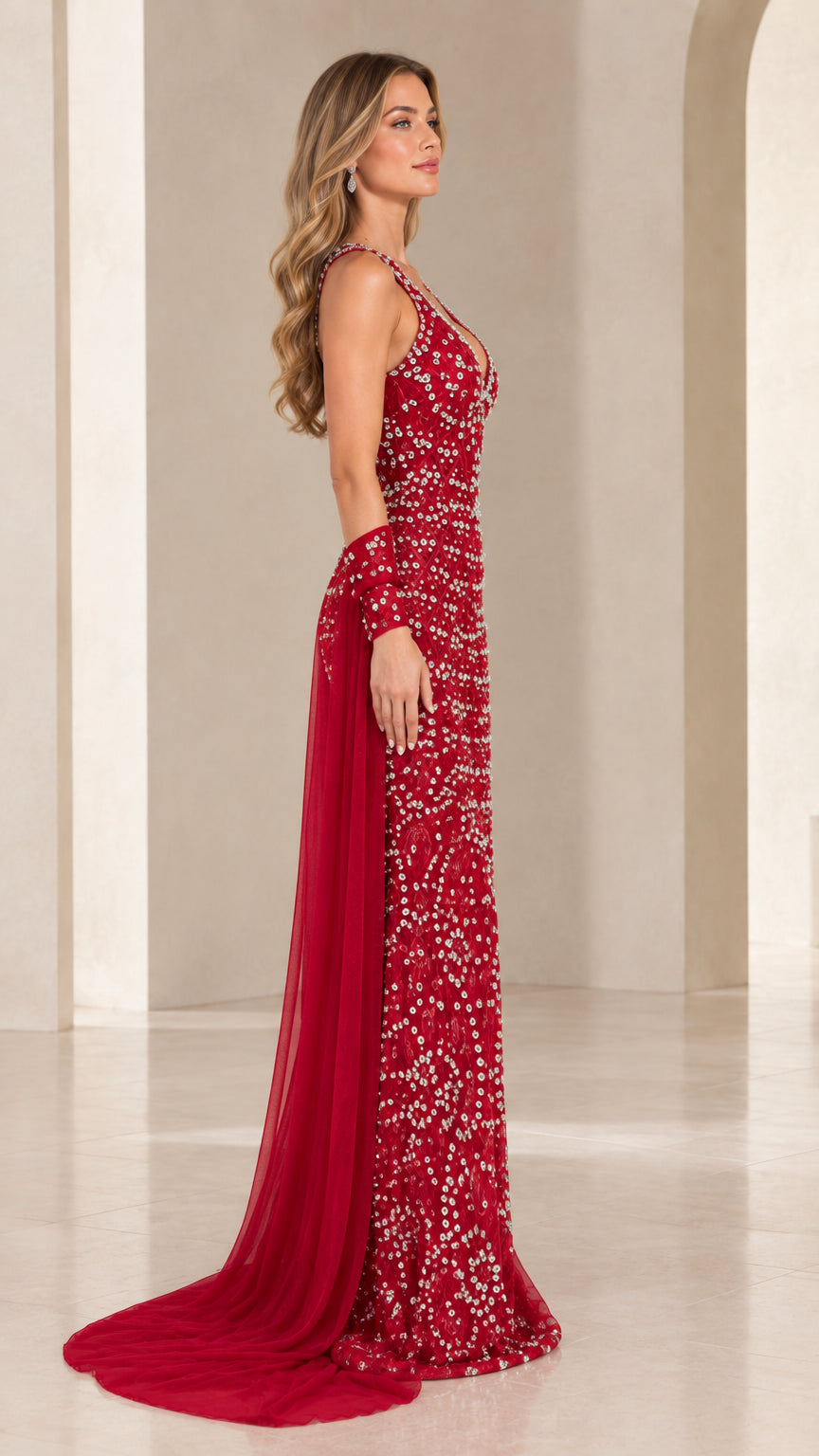 Red rhinestone sleeveless evening gown side view showing fitted silhouette