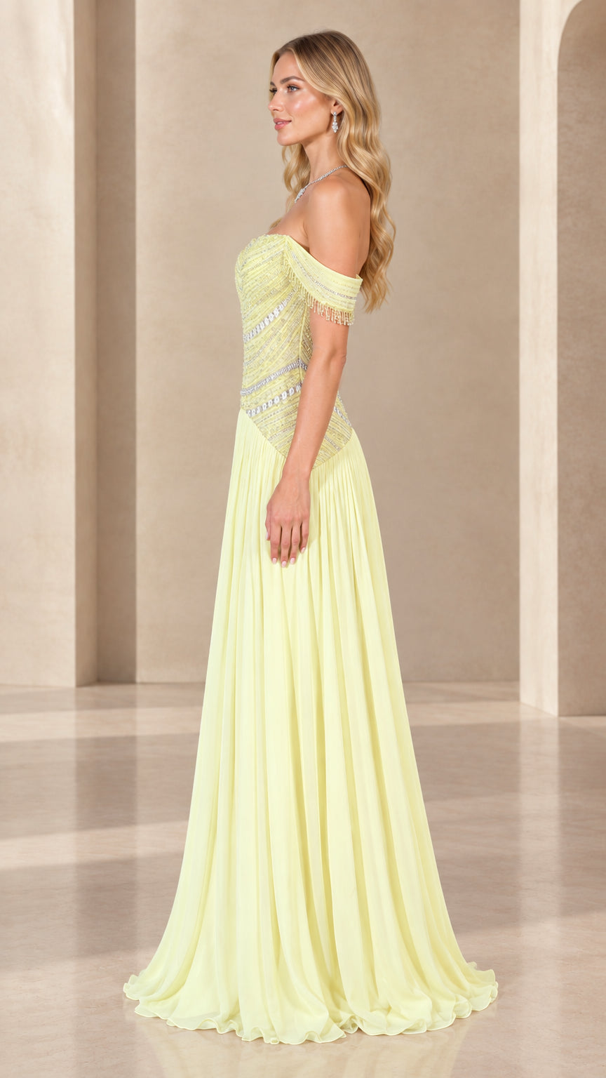 Side profile view of pastel yellow formal maxi dress showing beaded bodice and pleated skirt