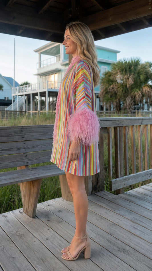 Side profile view of vibrant multi-color striped feather-trim dress
