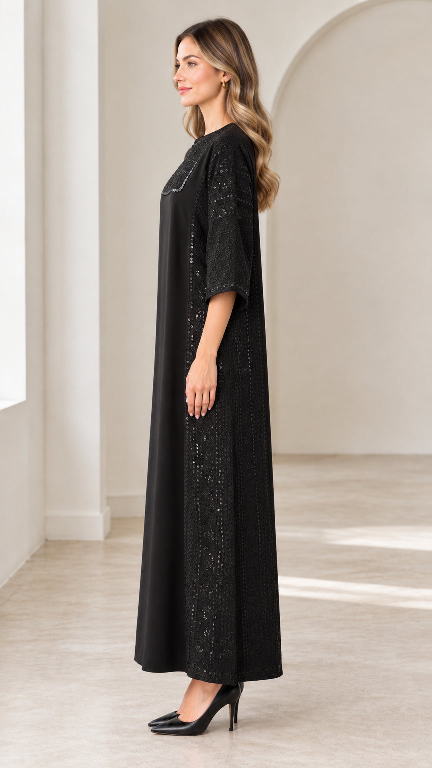 Side profile view of woman wearing black sequin embroidered abaya maxi dress