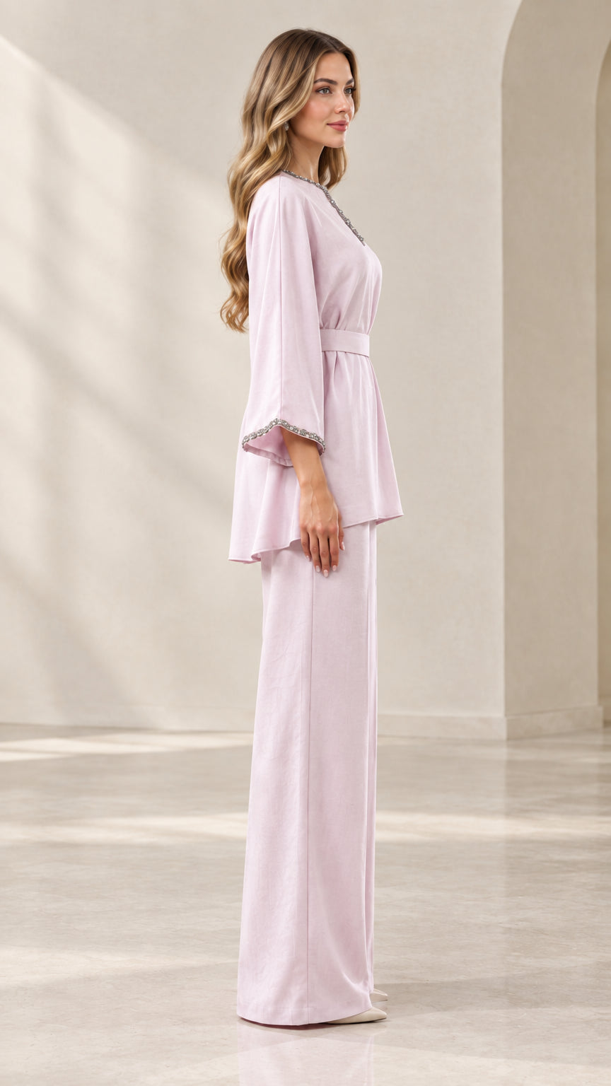 Side full-length view of lilac two-piece modest set showing sleek drape and fit
