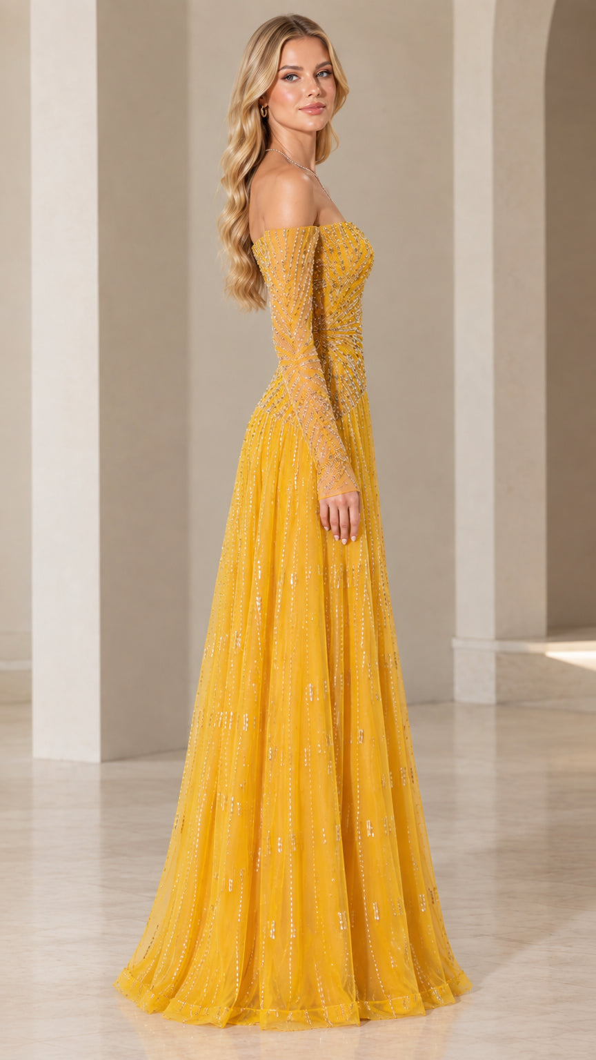 Side profile of mustard yellow embellished A-line formal gown