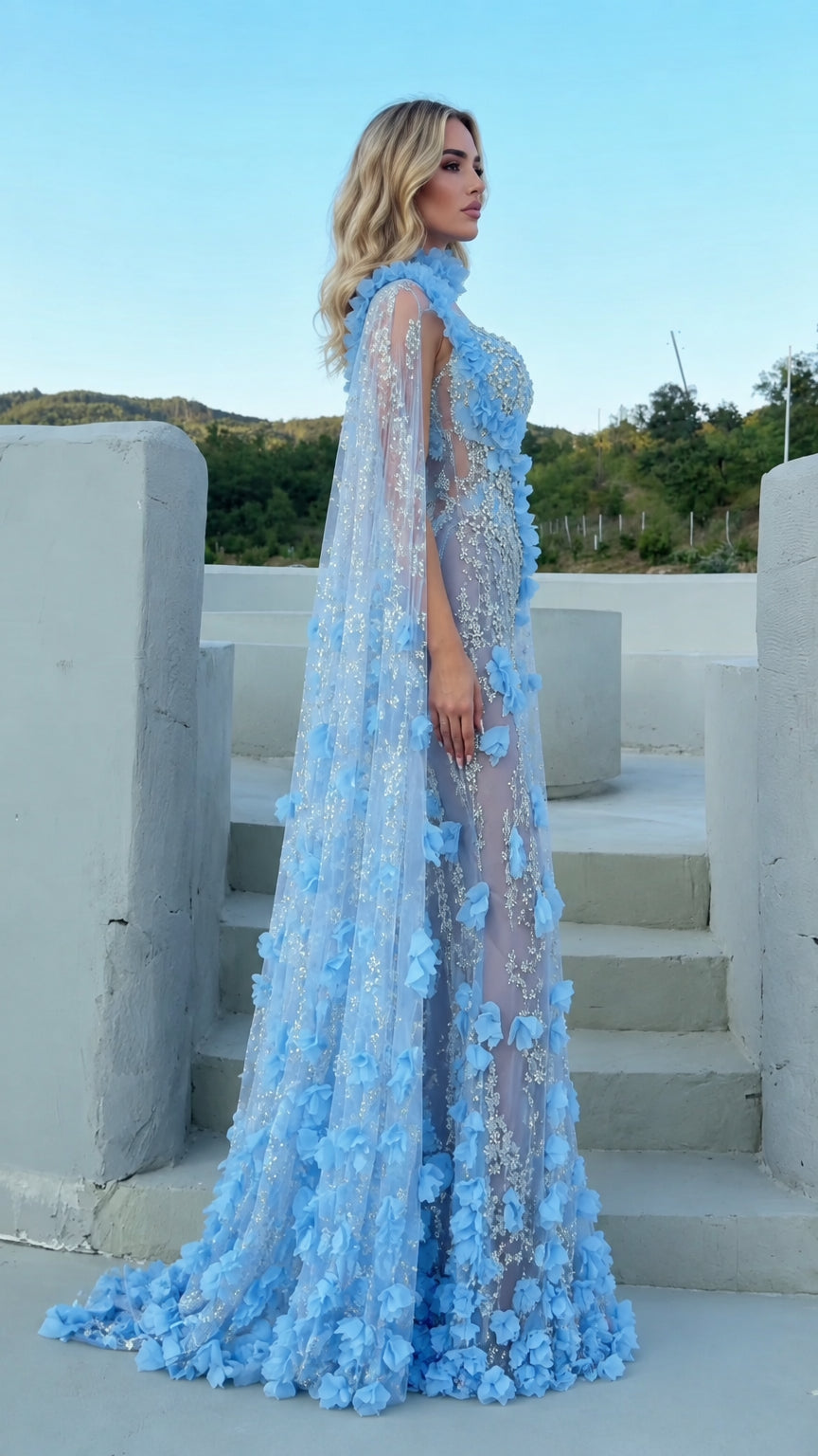Sky blue high-neck beaded cape evening dress - side angle view
