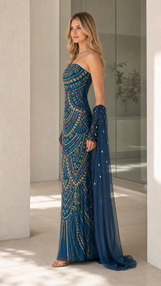 Side profile view of teal blue beaded evening gown