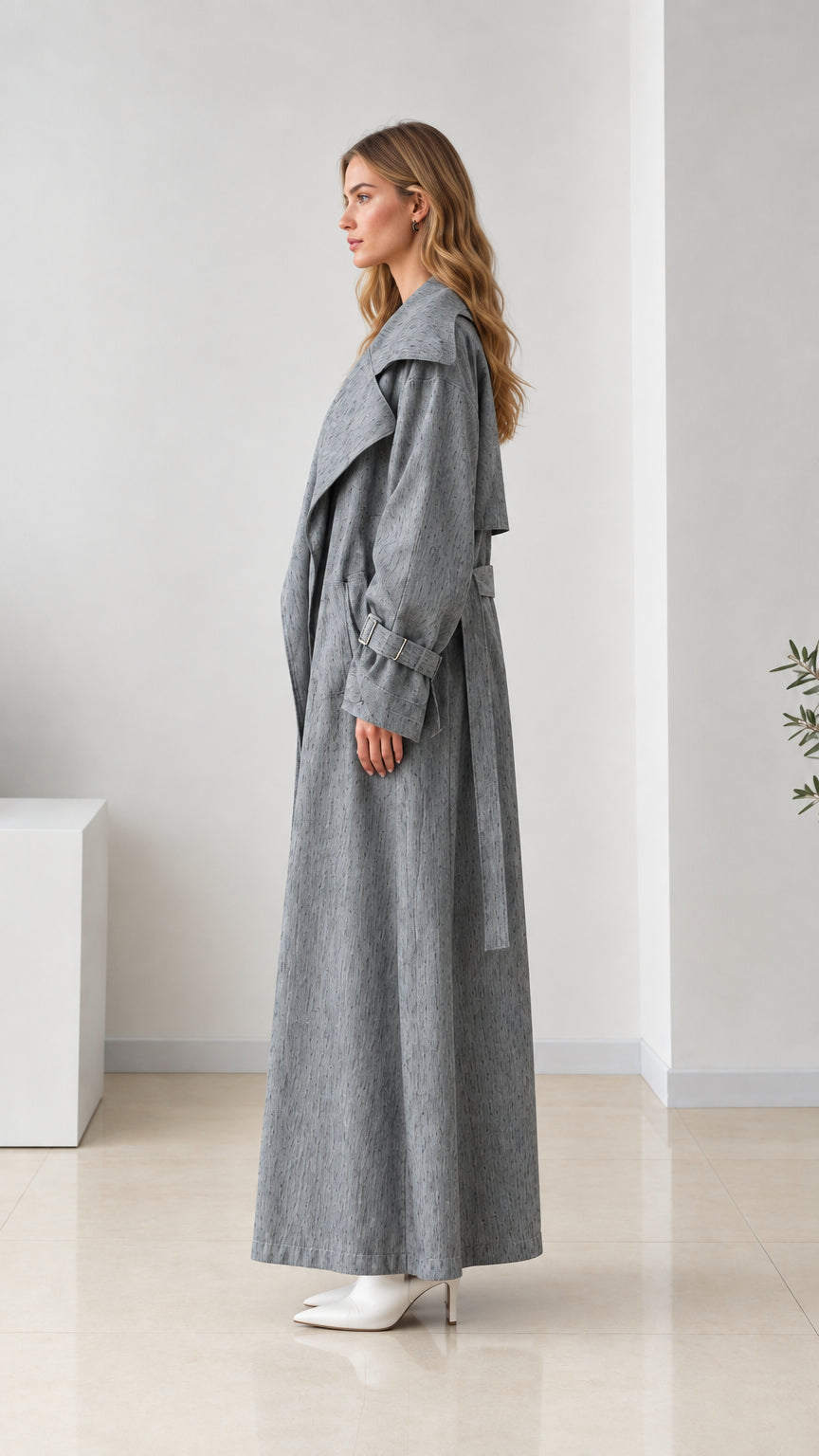Side profile of women's grey full-length duster coat