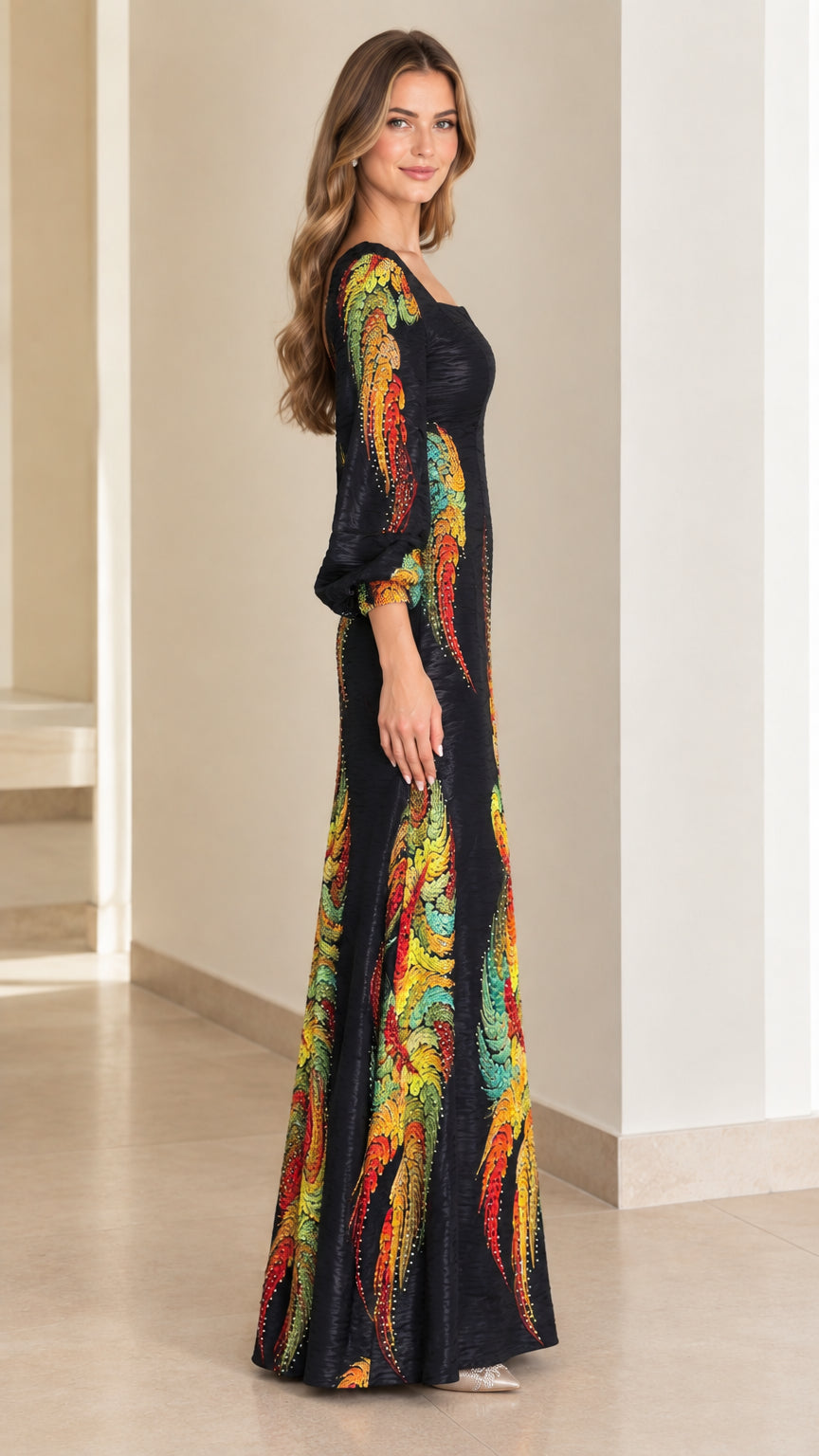 Side angle view of black maxi formal dress showcasing fit and drape