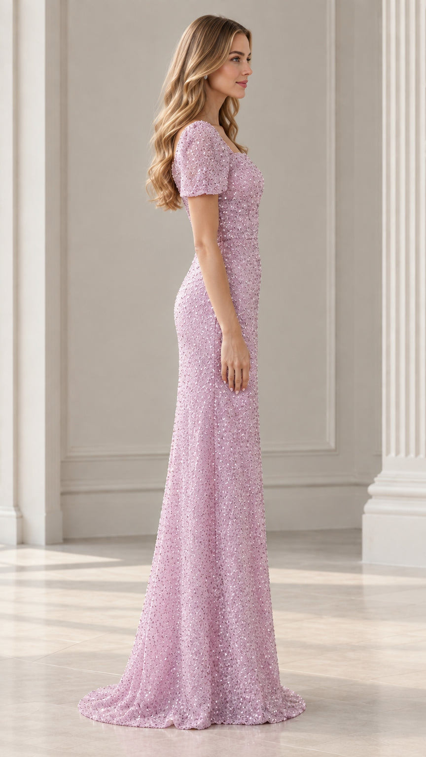 Side profile view of woman modeling Lilac sequined formal maxi dress