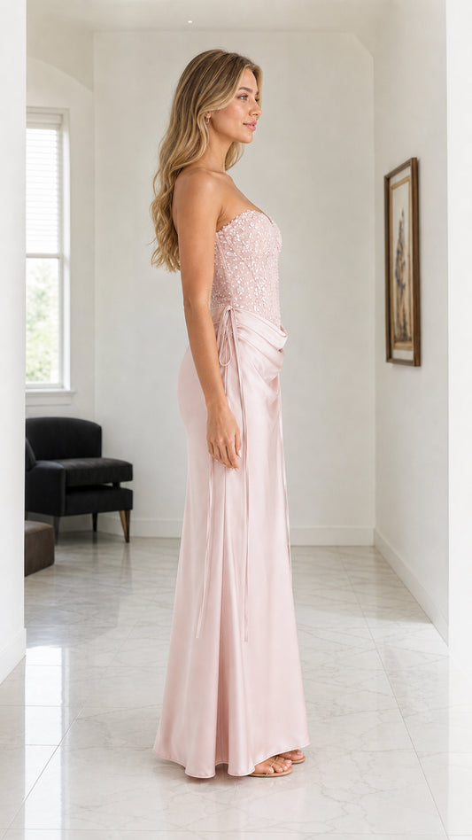 Pink evening gown side profile view