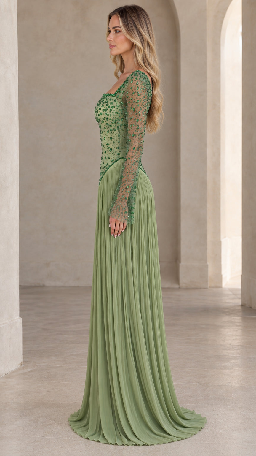 Side view of Sage Green square neck formal maxi dress with embellished sleeves