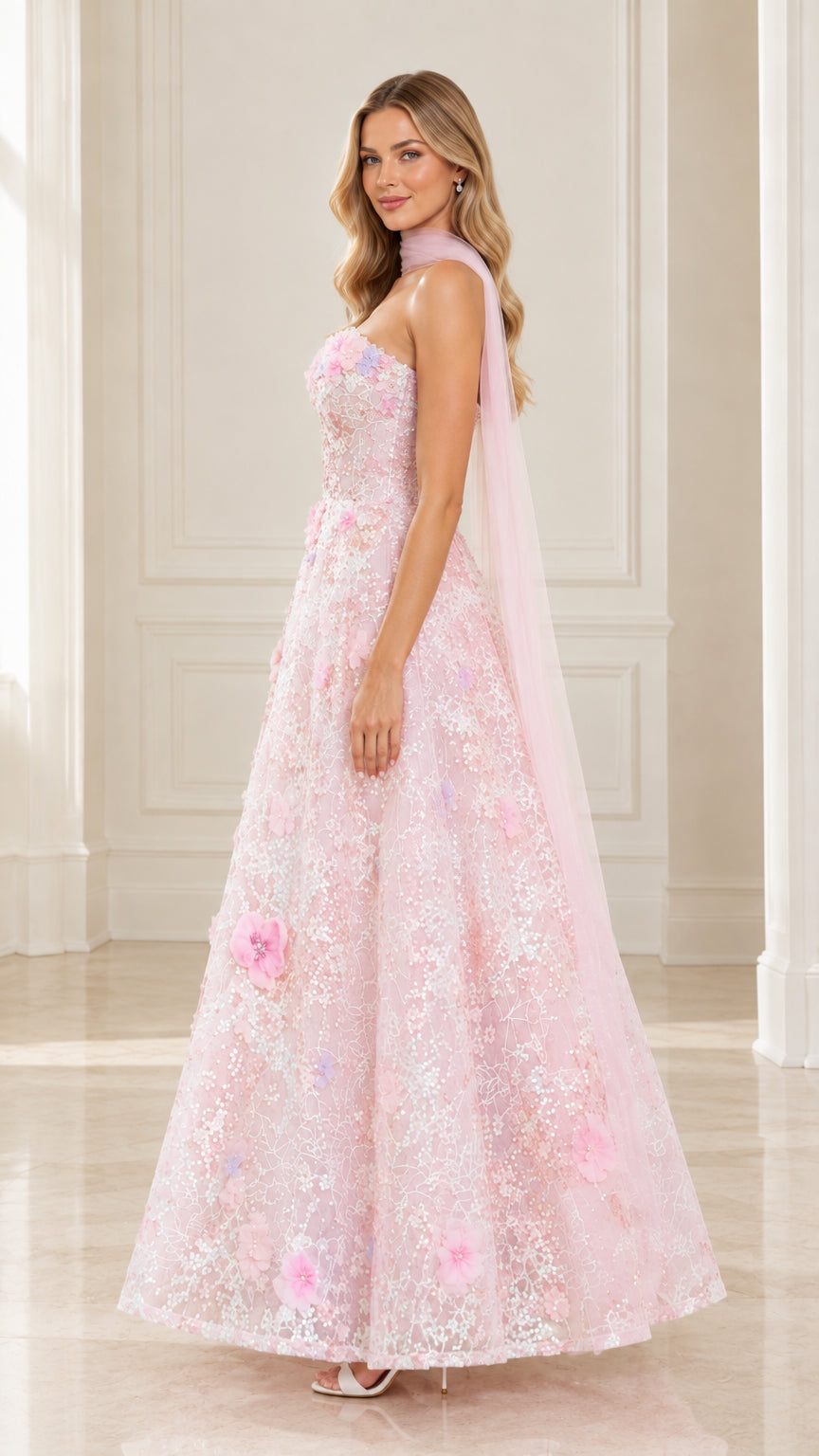 Side profile view of blush pink A-line floral embroidered formal dress with flowing scarf drape