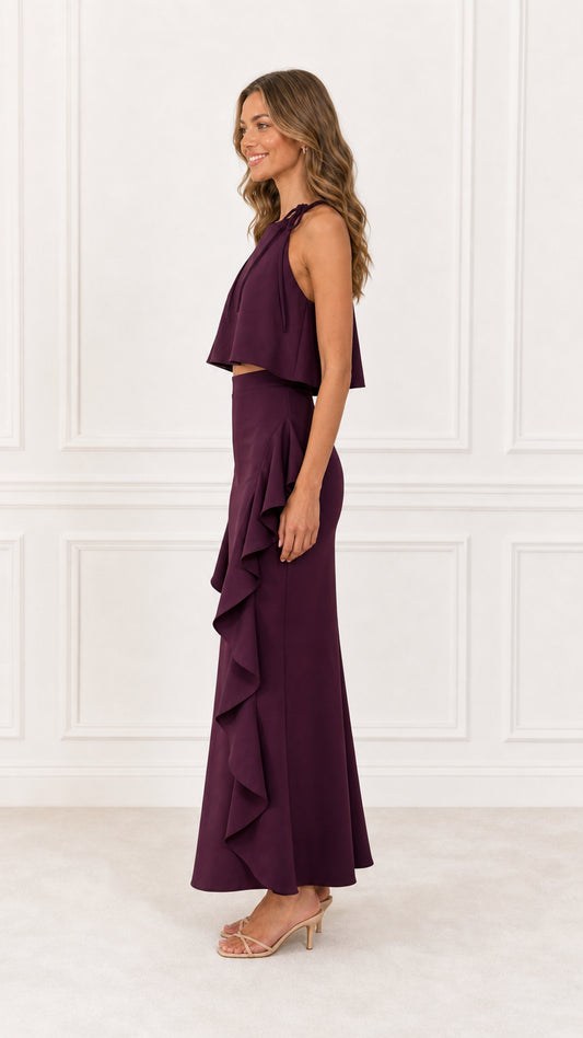 Model wearing Burgundy Two-Piece Ruffle Maxi Dress Set from the side
