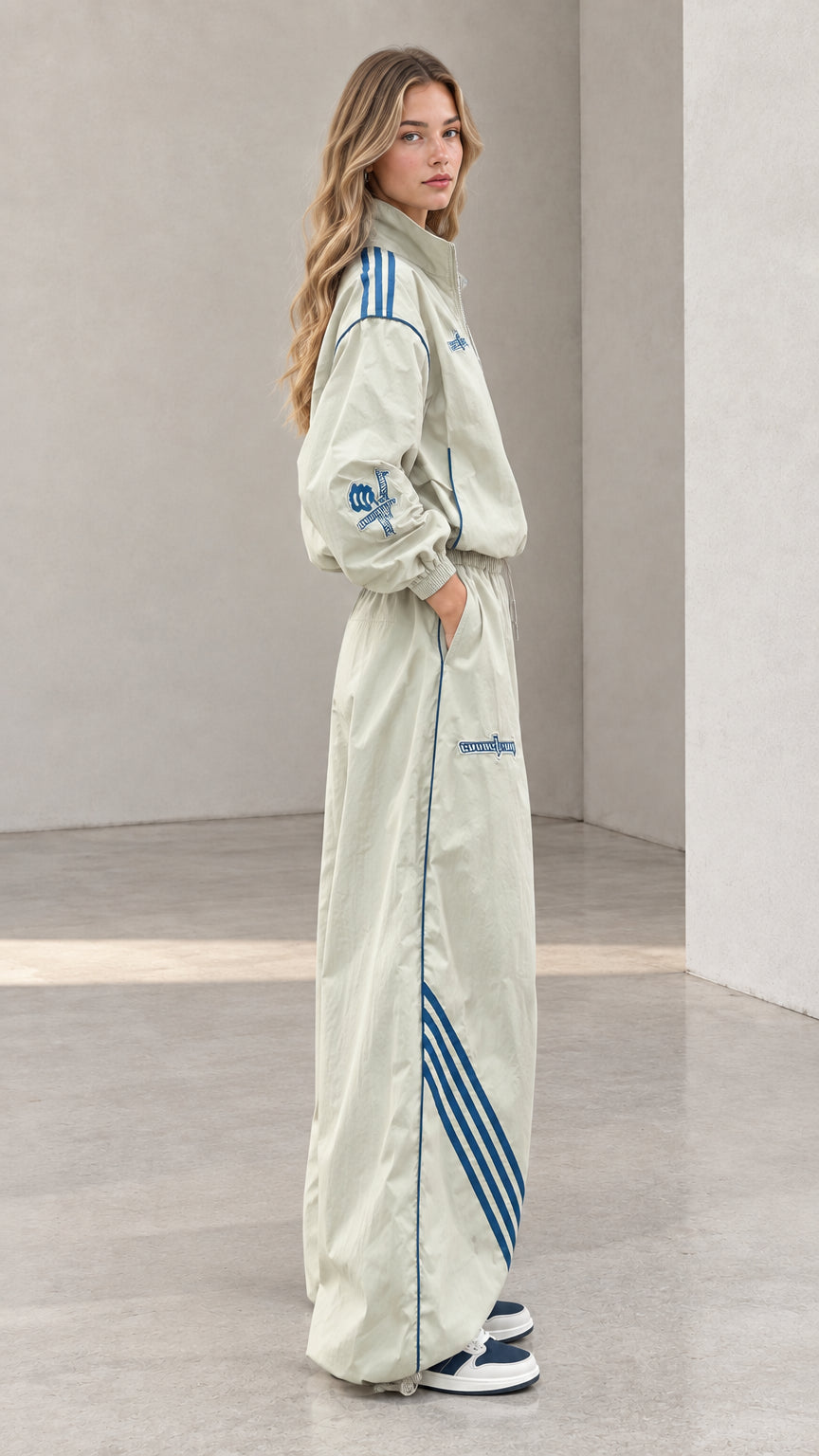 Side view of woman posing in sage green wide-leg tracksuit with blue side stripes