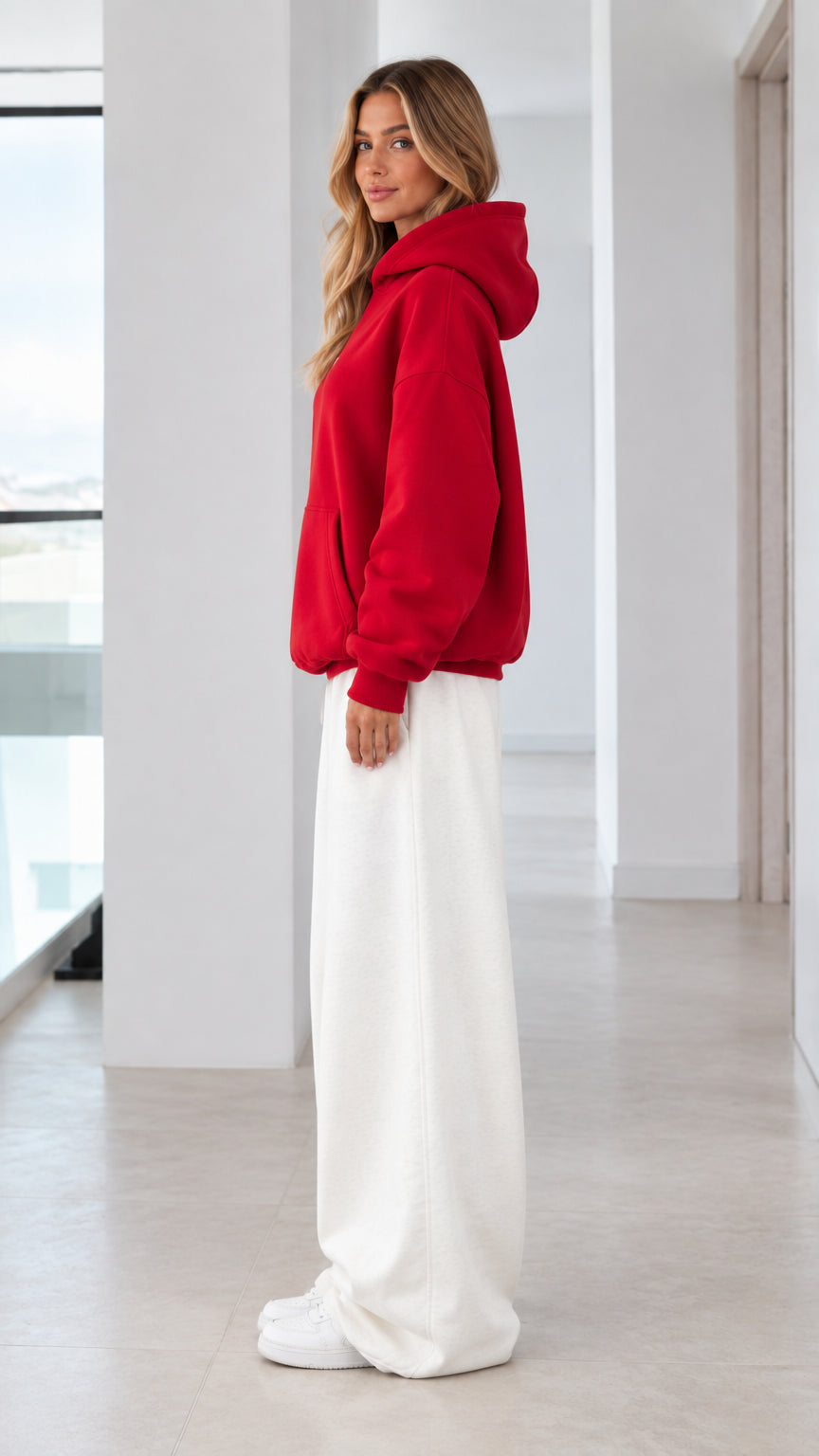 Women's red drop-shoulder hoodie - side view