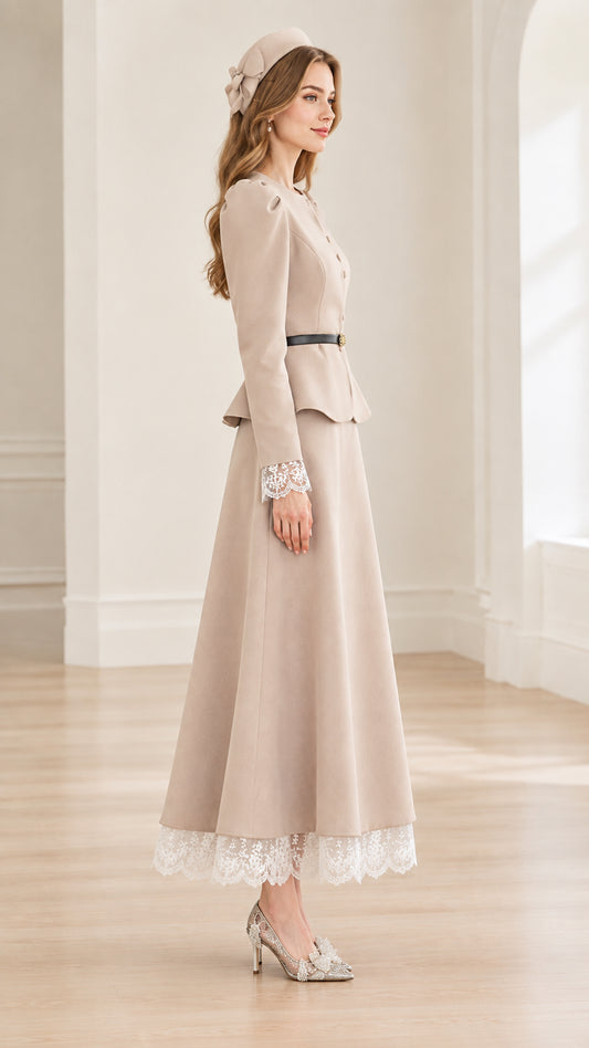 Side profile of woman wearing beige two-piece peplum skirt set with matching headpiece
