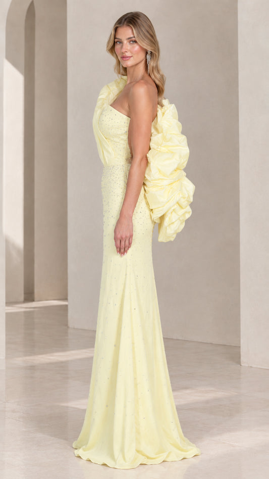 Light yellow statement sleeve formal gown - side profile view