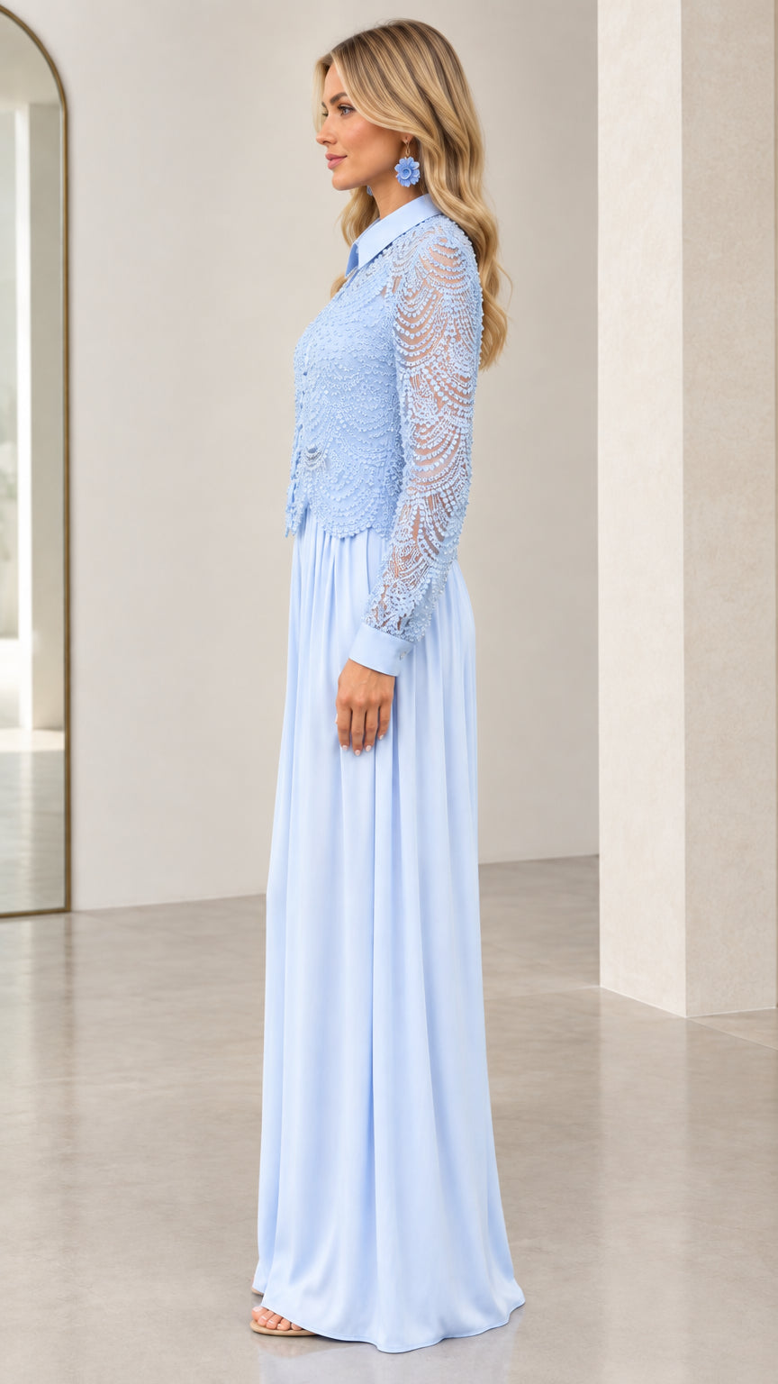 Side profile view of light blue lace top wide leg evening jumpsuit