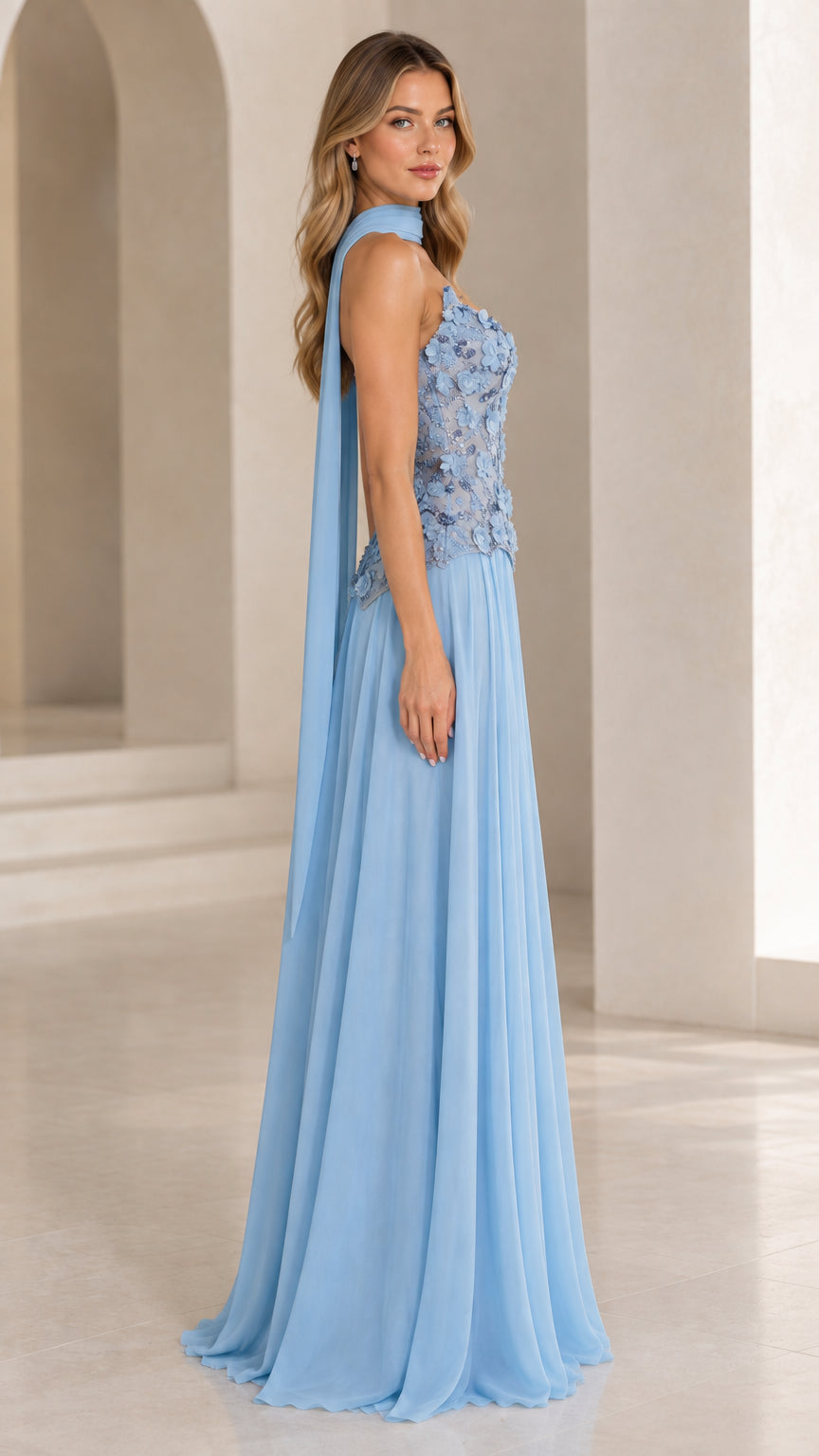 Side profile of Sky Blue 3D floral lace bodice maxi formal dress