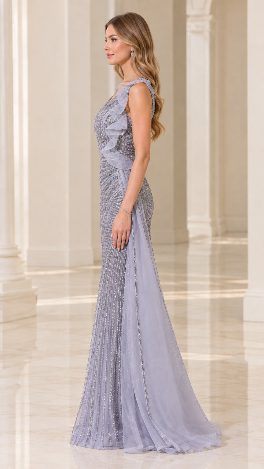 Dusty Blue sequined formal gown side view showing fitted silhouette and attached side sash