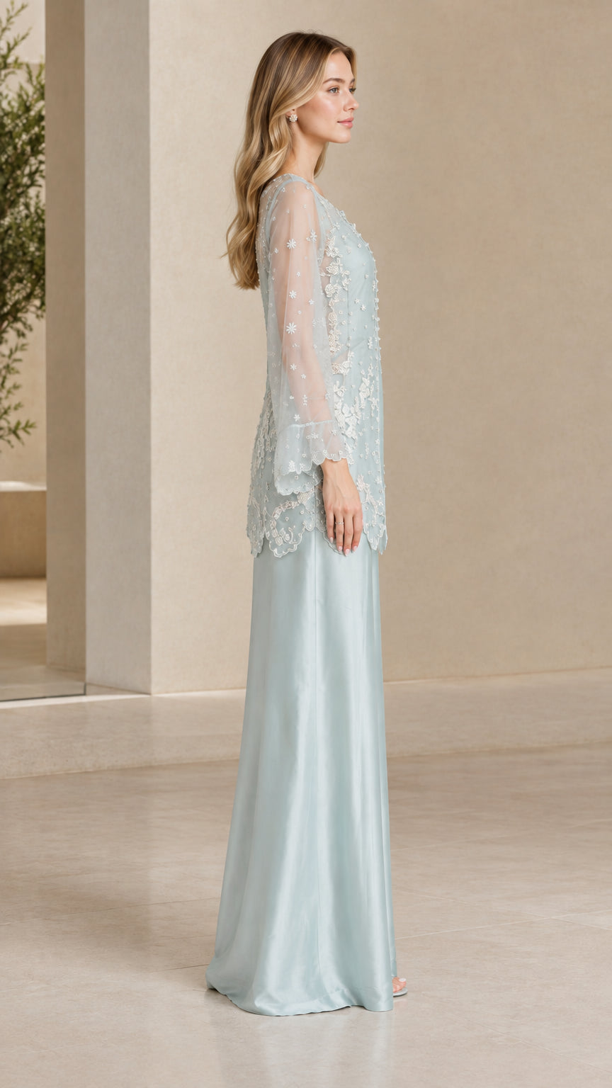 Side profile view of Light Blue embroidered formal tunic and pant suit set