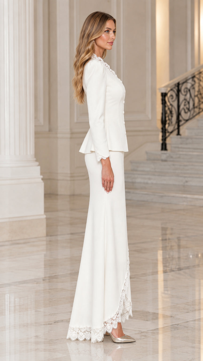 Side profile of woman wearing ivory two-piece formal skirt suit with lace detailing