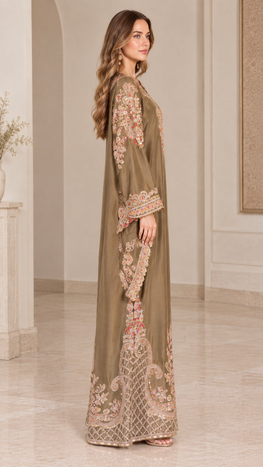 Side profile of woman wearing olive green embroidered two piece outfit