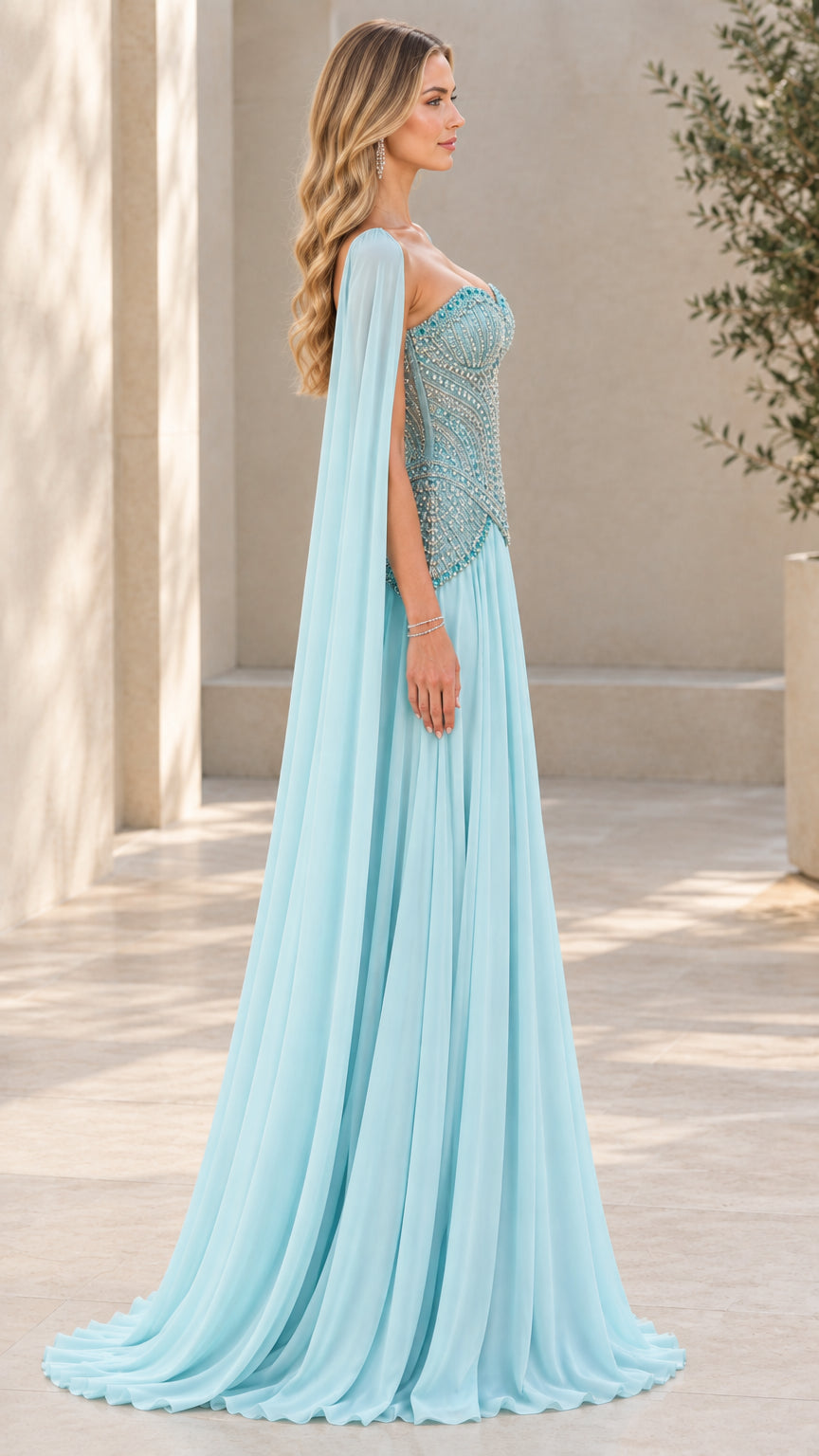 Side profile of Sky Blue beaded corset formal gown with flowing cape