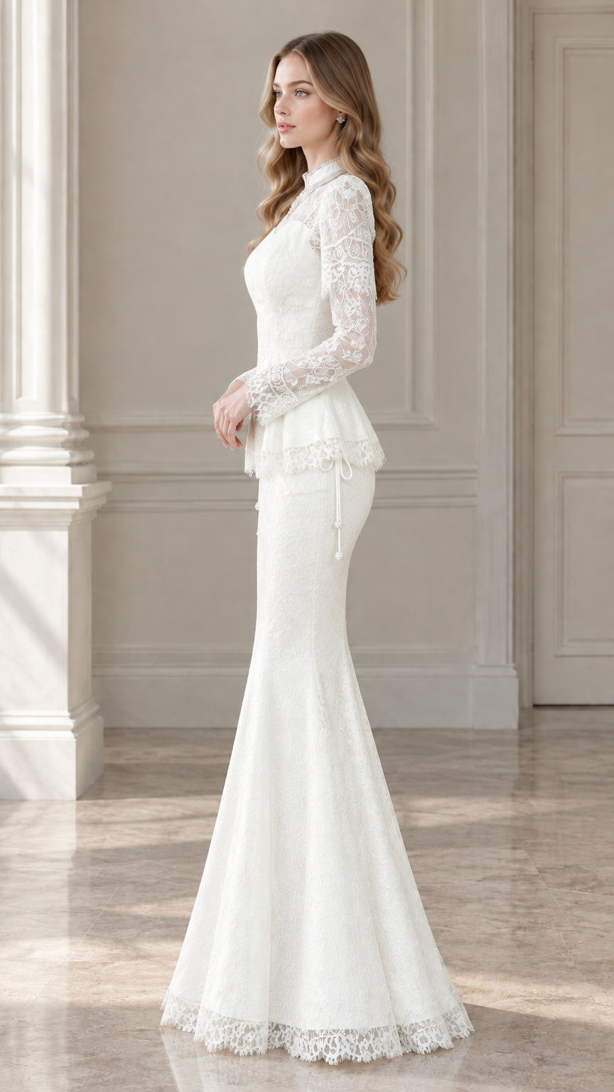 Side profile of model wearing white lace floor-length mermaid evening dress