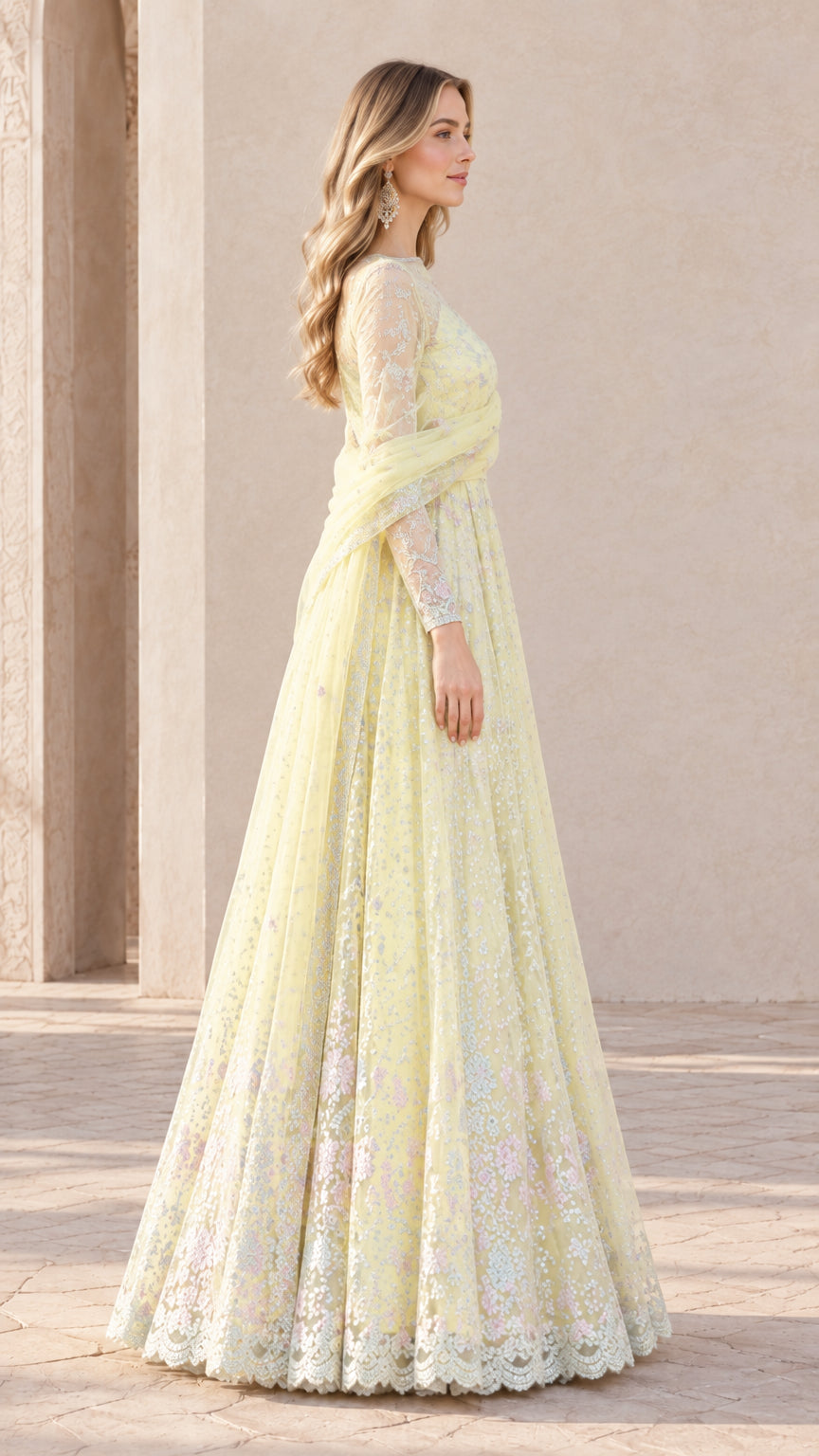 Side profile of woman wearing Pastel Yellow embroidered long sleeve formal gown