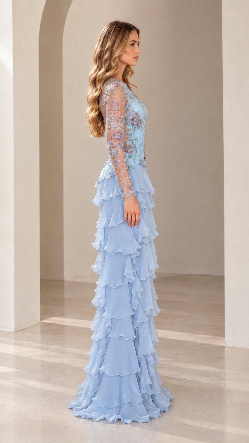 Side profile of Sky Blue tiered ruffle formal evening gown with sheer lace sleeves