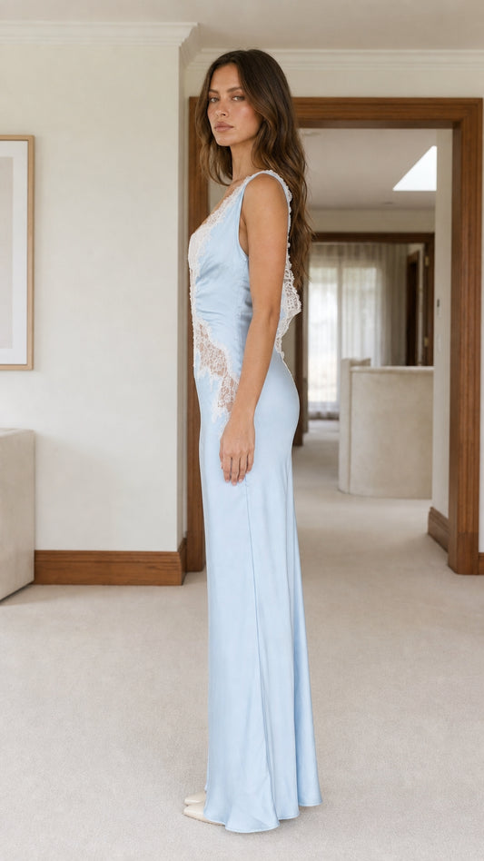 Side view of light blue satin lace slip dress