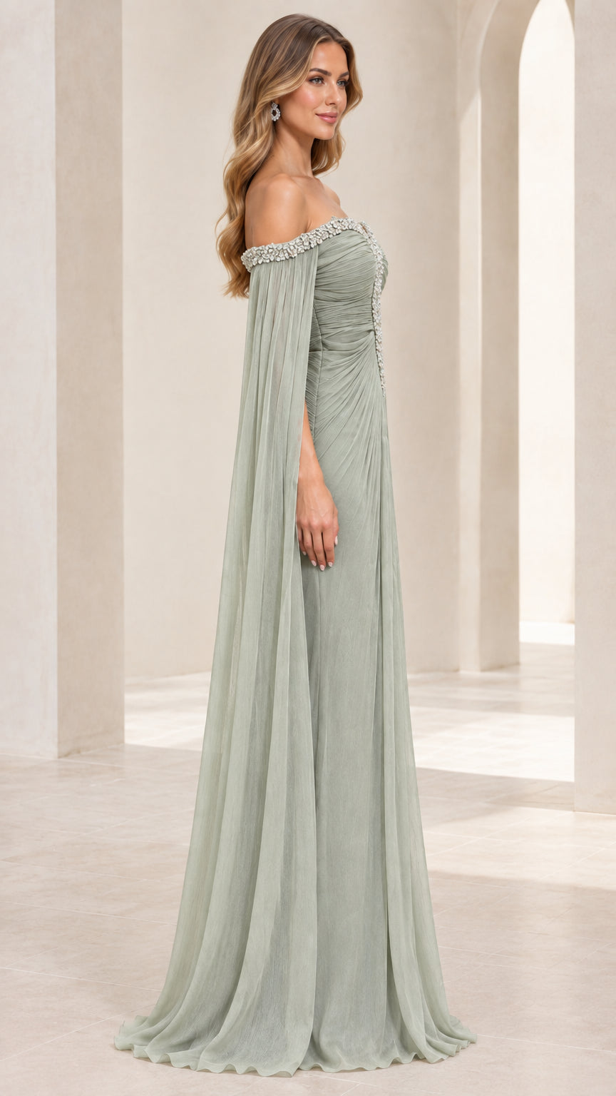 Sage Green formal cape sleeve maxi dress - side view