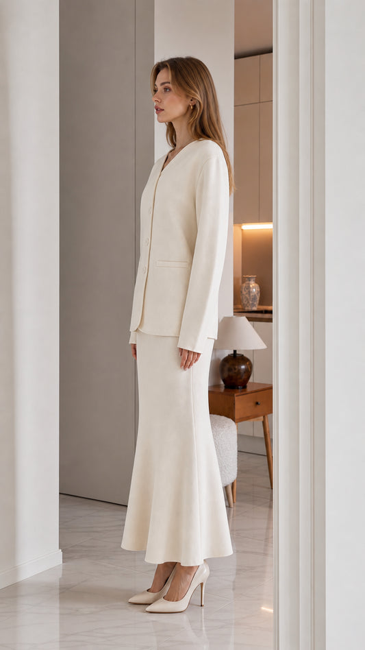 Side profile of model wearing cream two-piece knit cardigan and skirt set