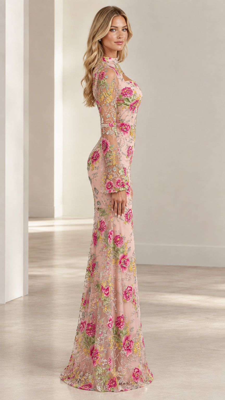 Side profile view of Blush Pink floral lace sequin mermaid gown