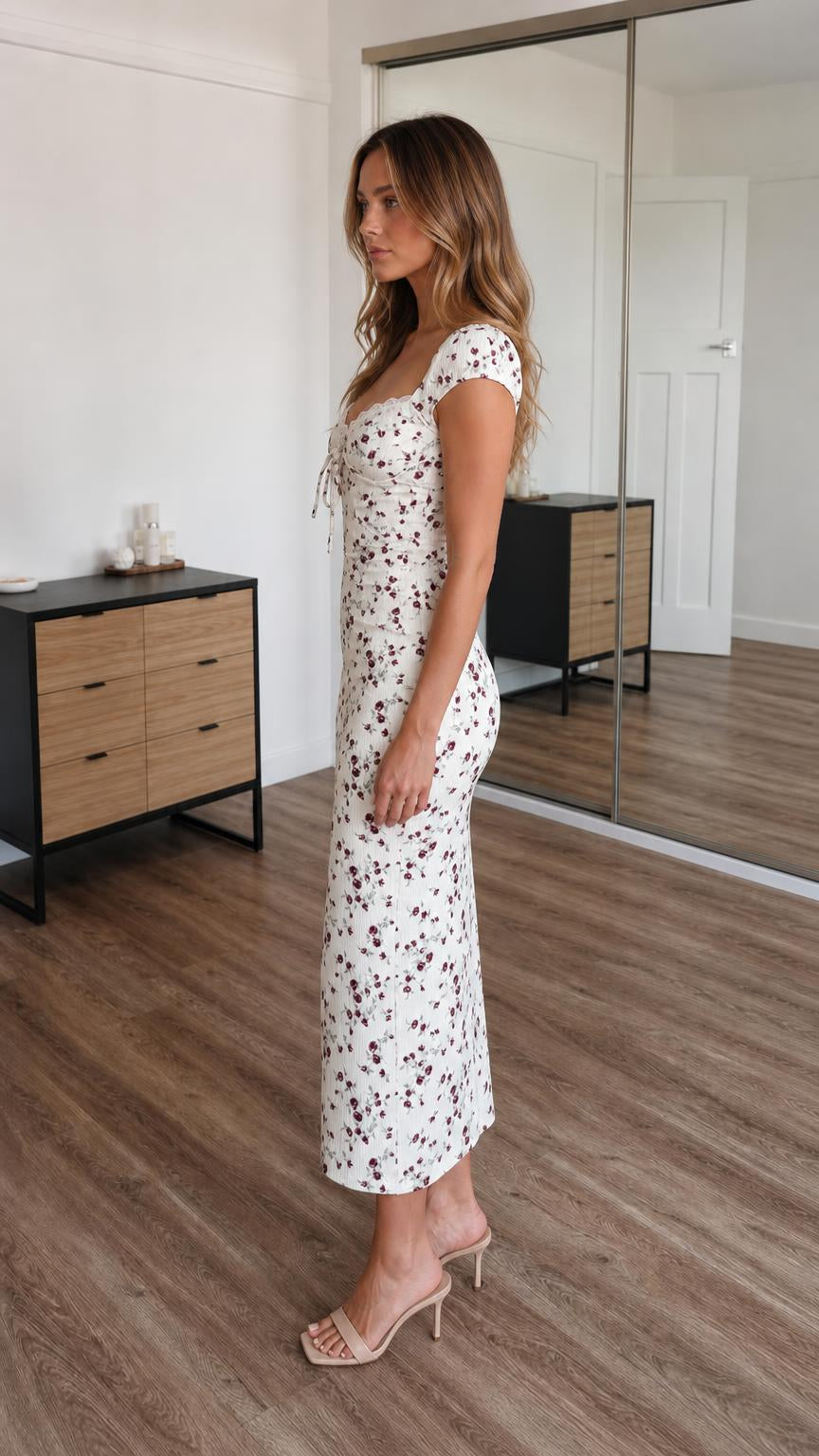 Side view of model wearing White floral midi dress