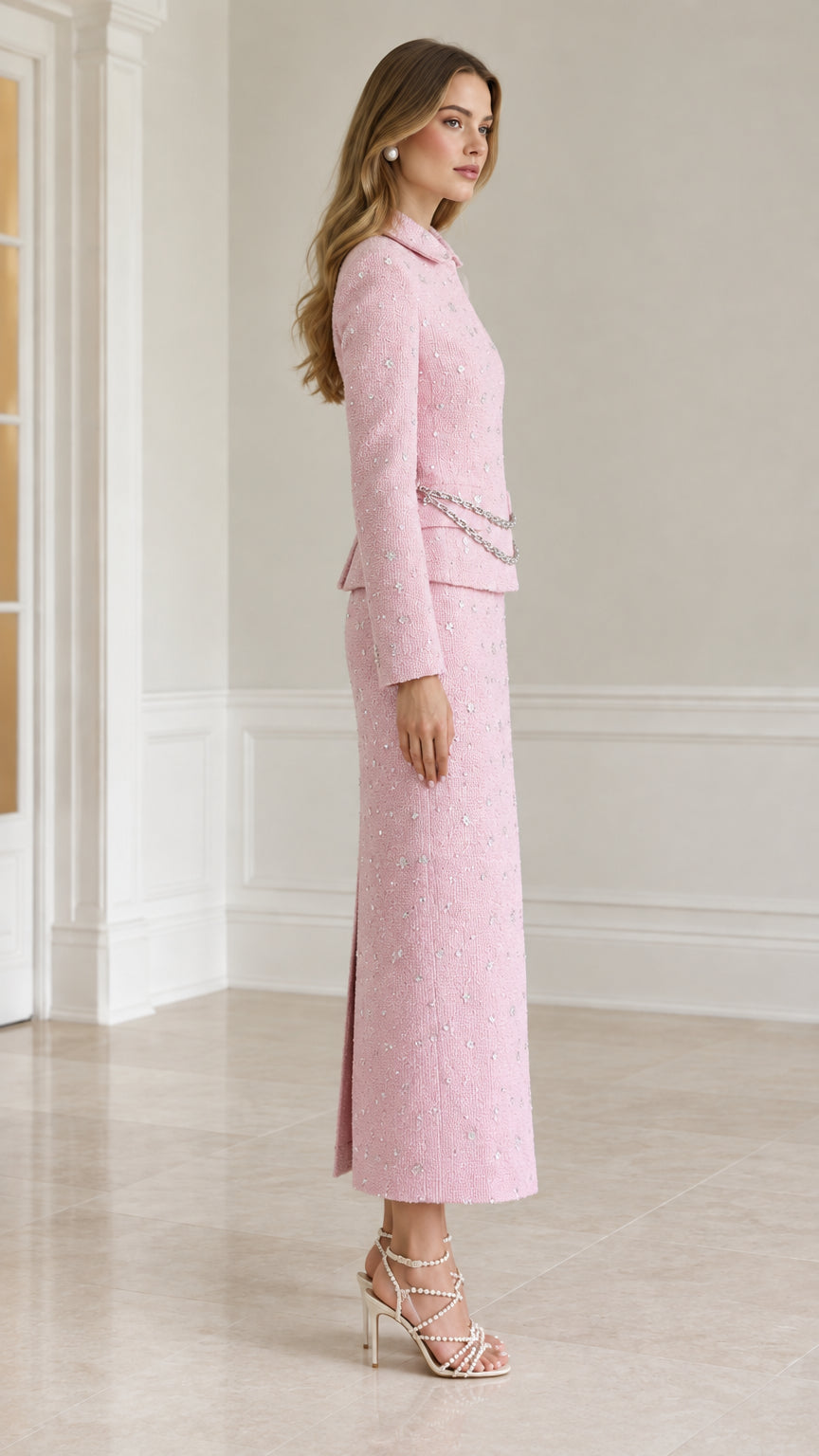 Side view of pink tweed two-piece skirt set with chain waist detail