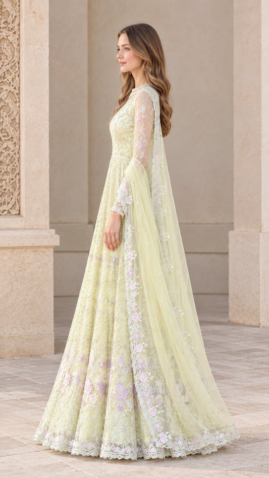 Pale yellow embroidered floor-length formal gown - side profile view